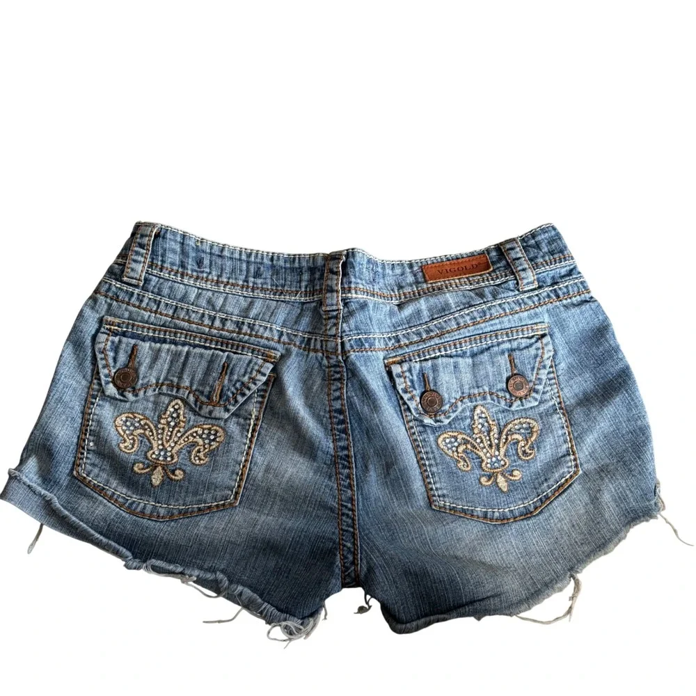 Vigold Denim Shorts Womens 11/12 Blue‎ Cutoff Embroidered Fleur De Lis